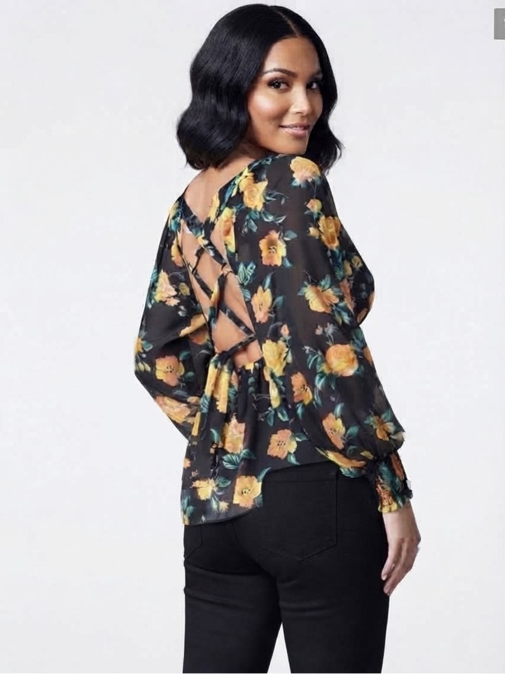 Venus Blooming Roses Lace-Up Blouse - Black Multi